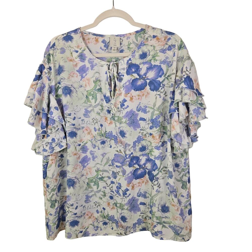 Joie Floral Ruffle Sleeve Tie Neck Blouse Women's Plus 1X Multicolor COTTAGE BOH